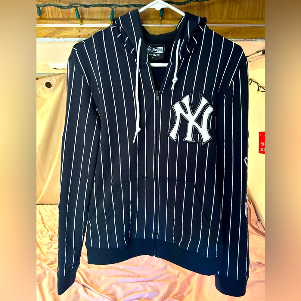 World Series NY Yankees 2009 dk blue/White Striped zip up hoodie sweatshirt S